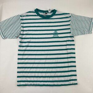 Mik'al Tshirt Womens Medium White Green Striped Logo Crew Neck Short Sleeve